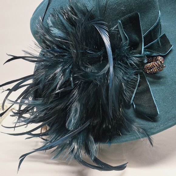 Vintage Plaza Suite NY Teal Wool Formal Hat Feathers Accent Church Evening Derby main image 5